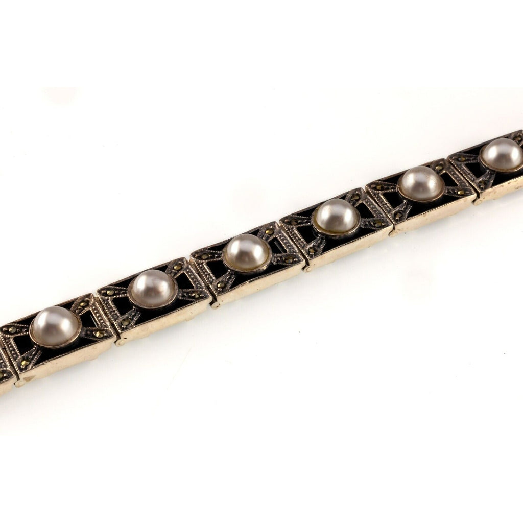 Judith Jack Sterling Silver Pearl and Framed Onyx Bracelet 7.25" 34gr