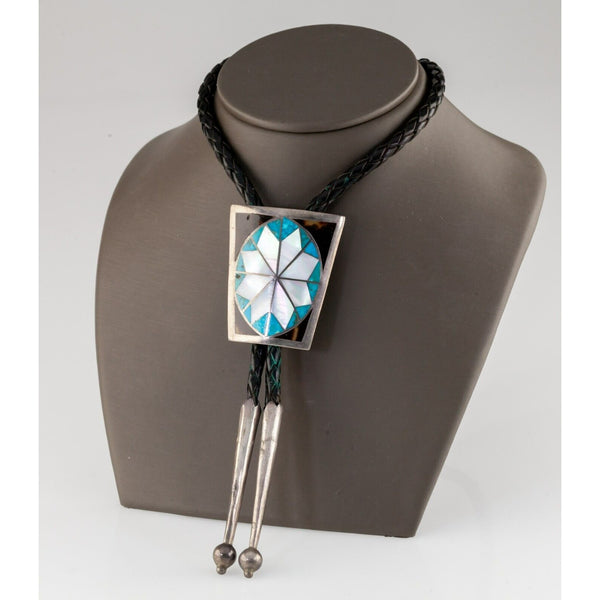 Sterling Silver Onyx, Mother of Pearl, Turquoise Bolo Tie Signed