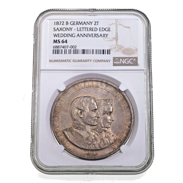 1872 German States SAXONY 2 Taler Golden Wedding Anni. in MS 64 By