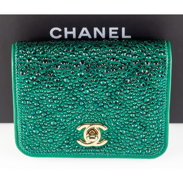 Chanel 22A Strass Diamante Green Lambskin Clutch Purse Box and