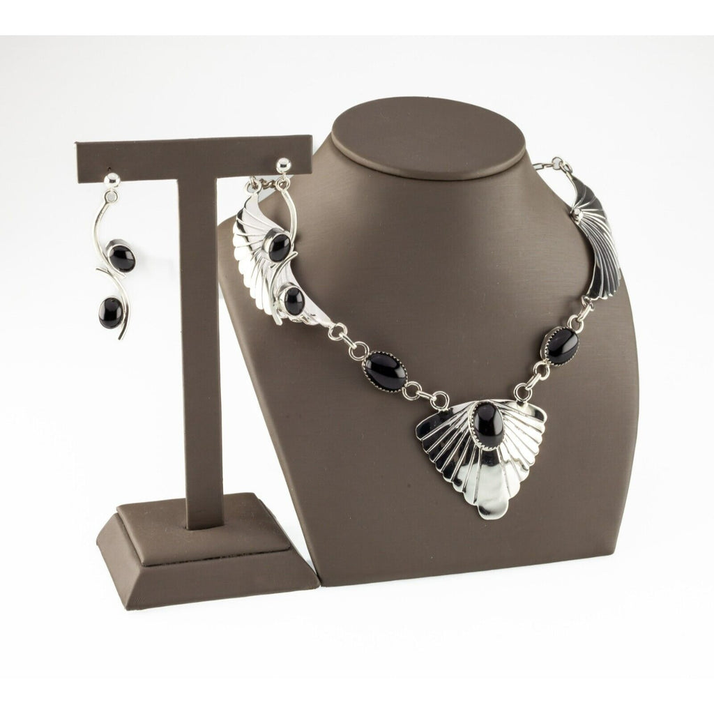 Sterling Silver Wing Motif Onyx Necklace and Earring Set by Pete Morgan
