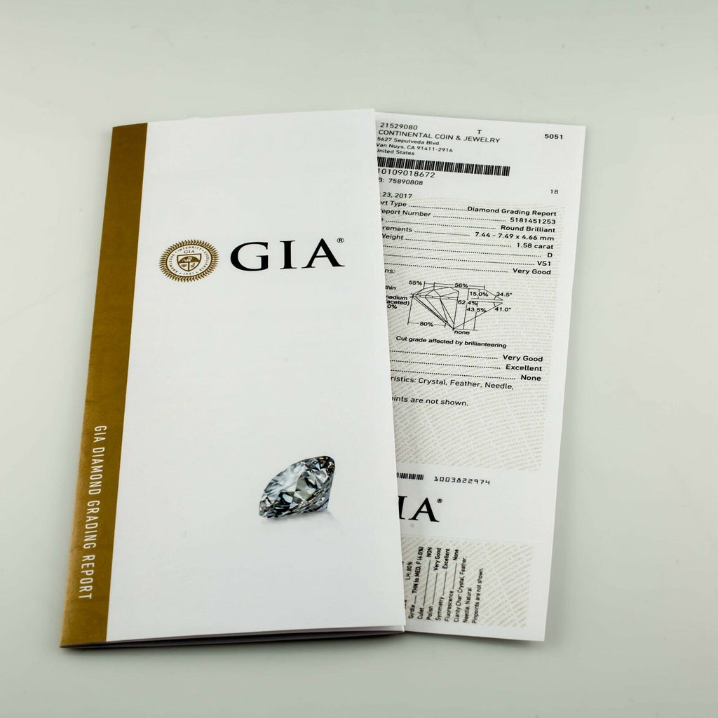 1.58 Carat Loose D / VS1 Round Brilliant Cut Diamond GIA Certified