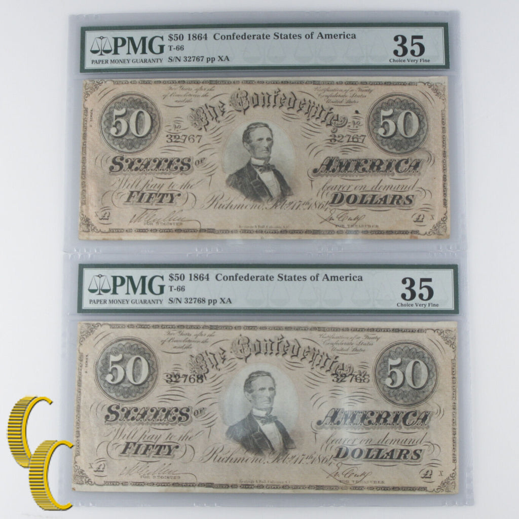 Lot of 2 Sequential 1864 Confederate $50 Graded by PMG as Ch VF-35! Amazing!