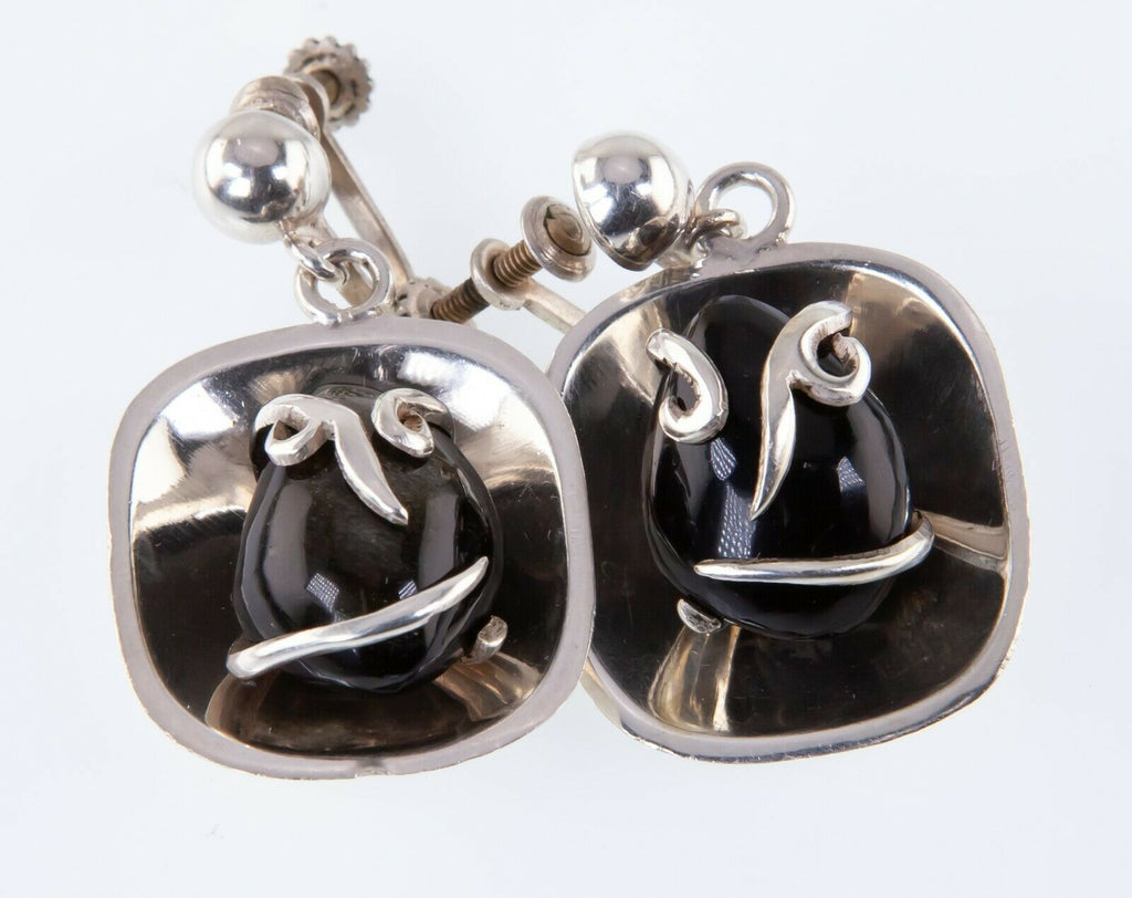 Vintage Mexico AE Jewelry Set Pendant & Earrings W/ Obsidian Set in Sterling