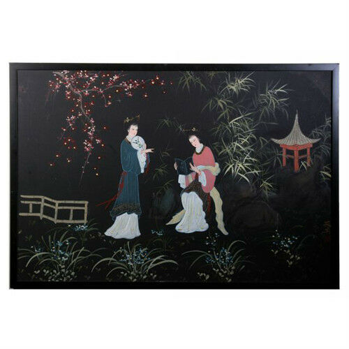Untitled (Women in Japanese Garden) Acrylic Painting Framed on Canvas 25"x37"