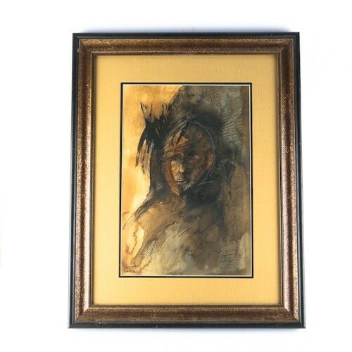 Lot of 2 Pieces by Manuel Valles Gomez: 1 Charcoal Drawing, 1 Watercolor/Gouache