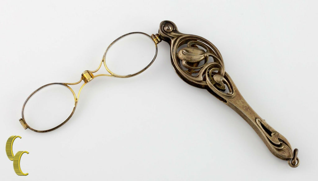 Sterling Silver Antique Ornate Lorgnette Spring-Loaded Glasses All Original
