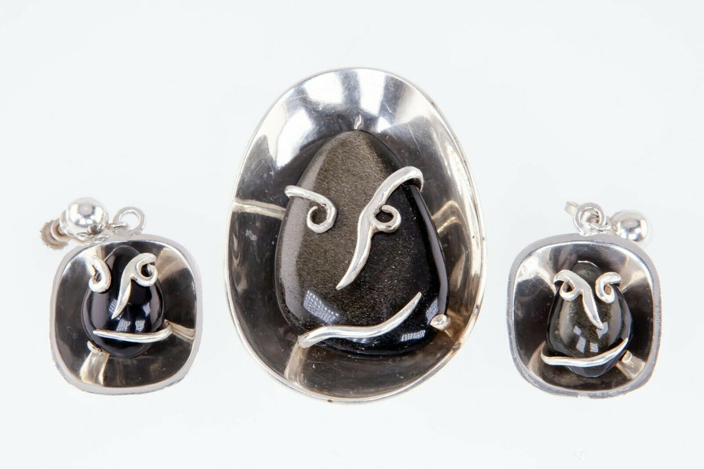 Vintage Mexico AE Jewelry Set Pendant & Earrings W/ Obsidian Set in Sterling