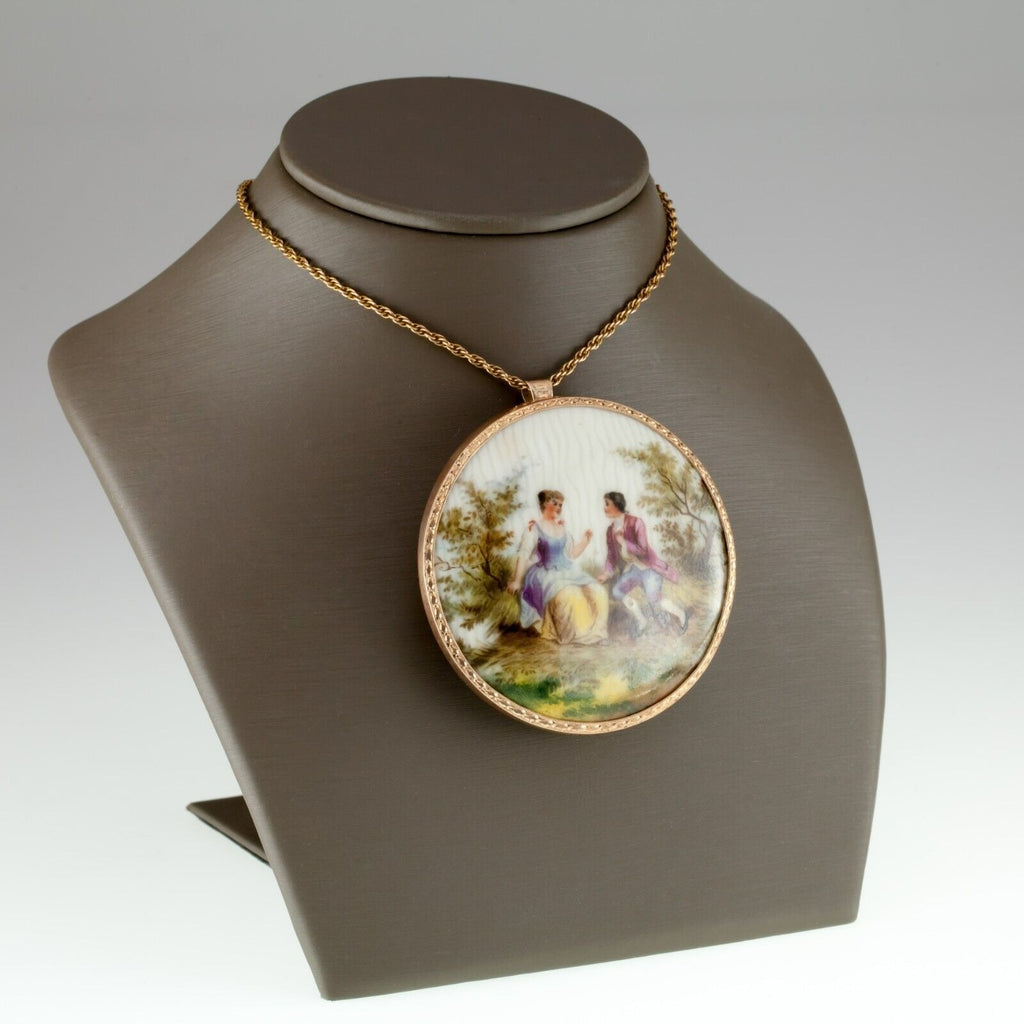 Unique Victorian Hand Painted Porcelain Pendant in 14k Yellow Gold Frame 57mm