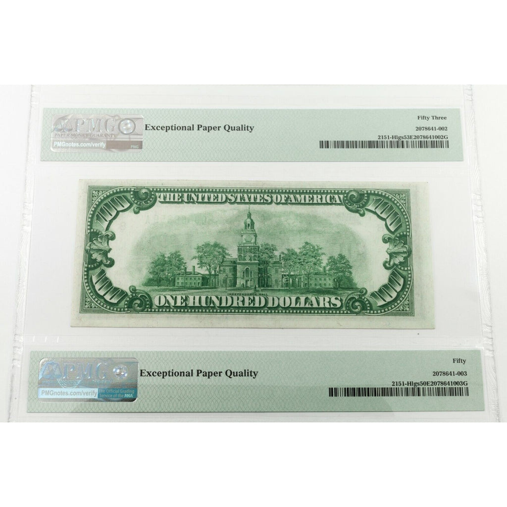 Lot of 3 1928A $100 Federal Reserve Notes Consecutive PMG 50, 53, 50 EPQ