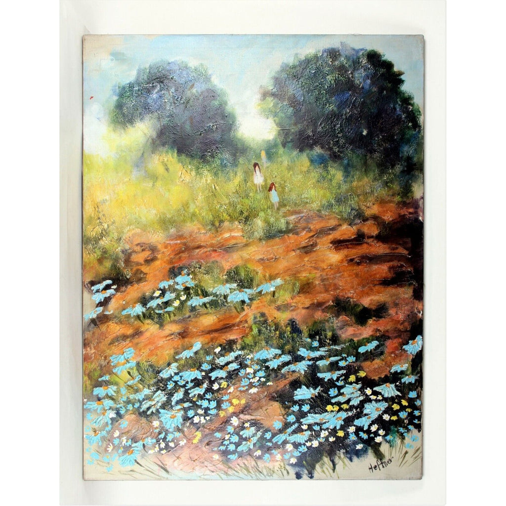 Lynne Heffner: Untitled - Children Playing, Flowers & Trees Oil Painting Signed