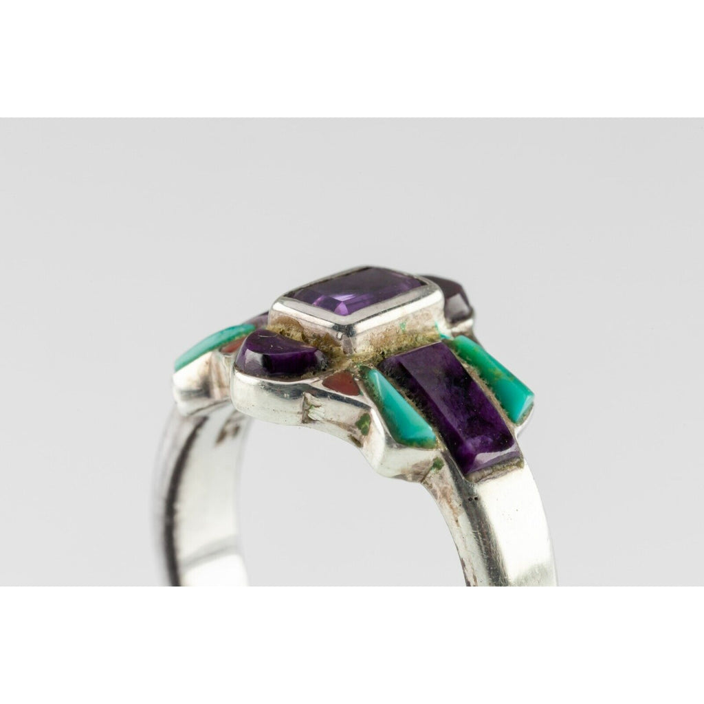 Handmade Turquoise, Purple Spiny, Coral & Amethyst Sterling Ring SZ 6.75