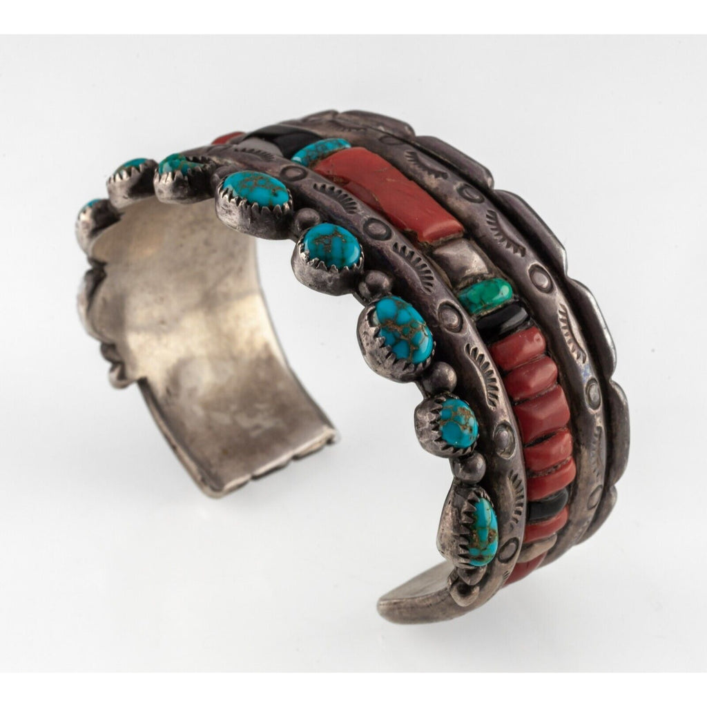 Navajo Ingot Silver Antique Cuff Bracelet w/ Coral, Jet, & Turquoise Inlay 120 g