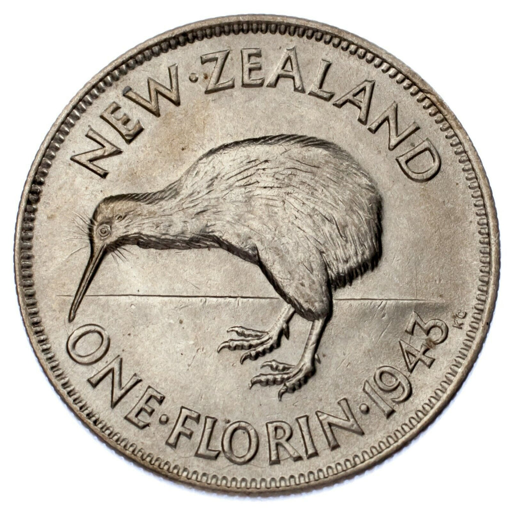 1943 New Zealand Florin Silver Coin (AU Condition) KM 10.1