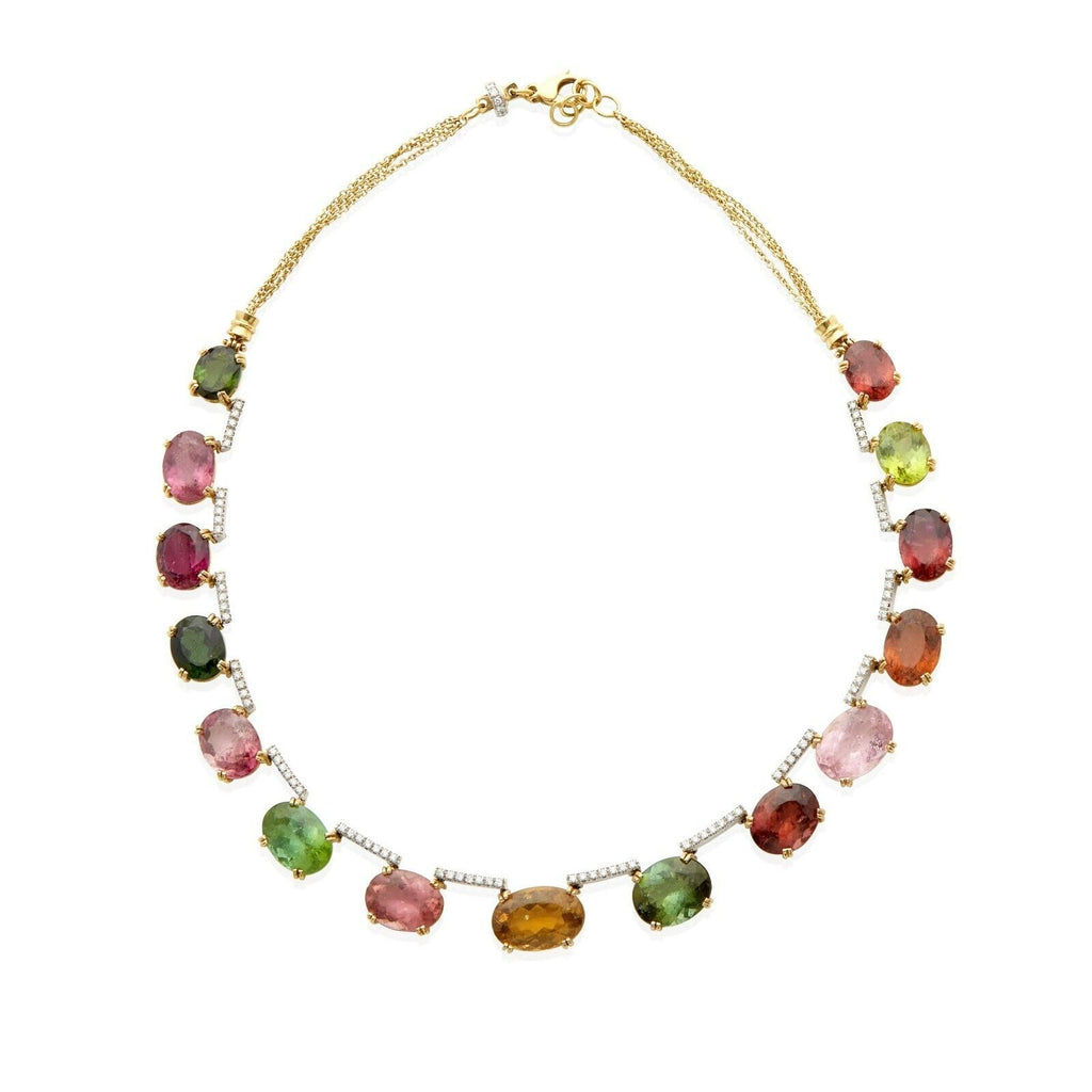 18k Gold 115 ct Multicolor Tourmaline and .8ct Diamond Riviere Necklace 17 3/4"
