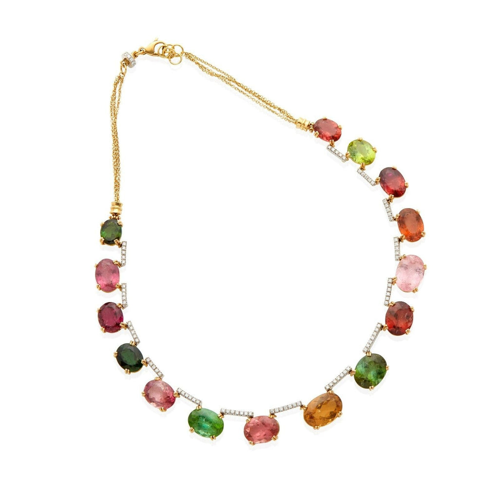 18k Gold 115 ct Multicolor Tourmaline and .8ct Diamond Riviere Necklace 17 3/4"