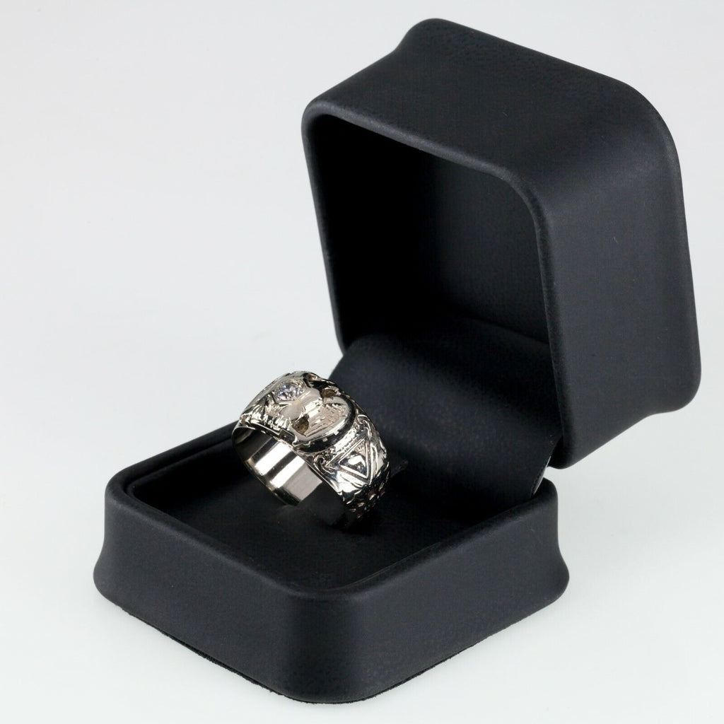 14k White Gold 32nd Degree Mason Eagle Diamond Ring with Enamel Size 11.5