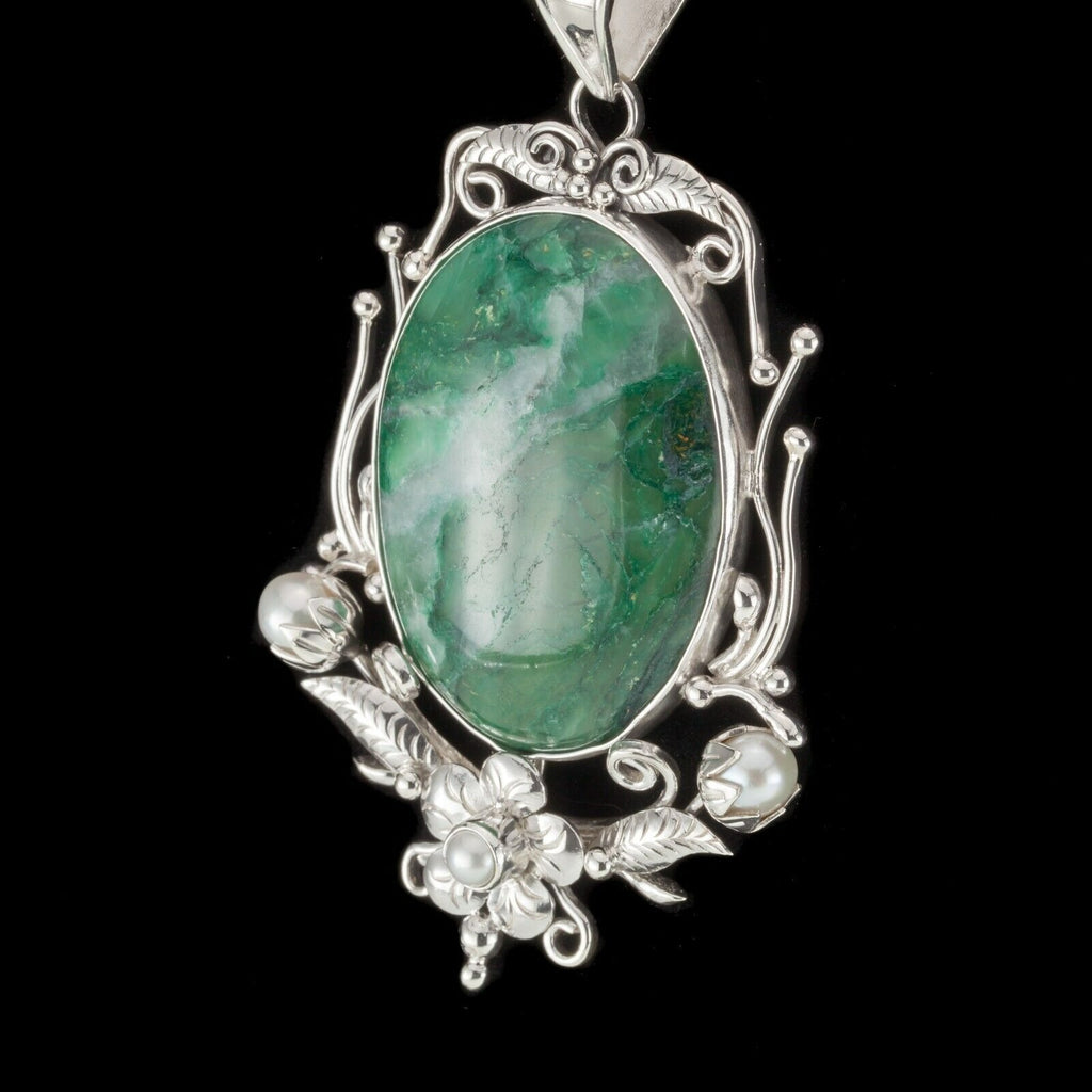 Green Jade & Pearl Sterling Silver Pendant Set on a Floral Frame 80mm Tall