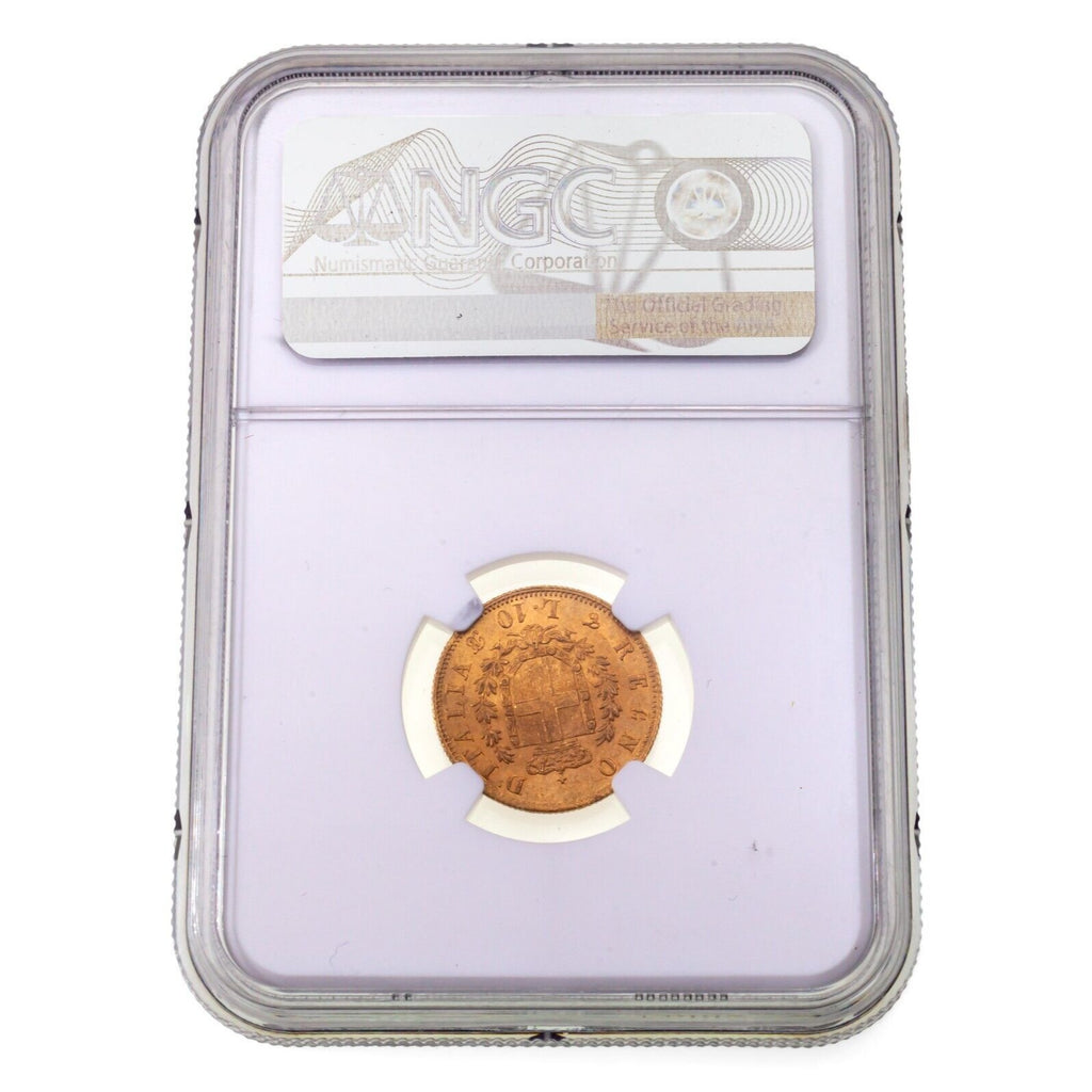 1863T BN Italy Gold 10 Lire Coin Graded by NGC as MS-62 Gorgeous!