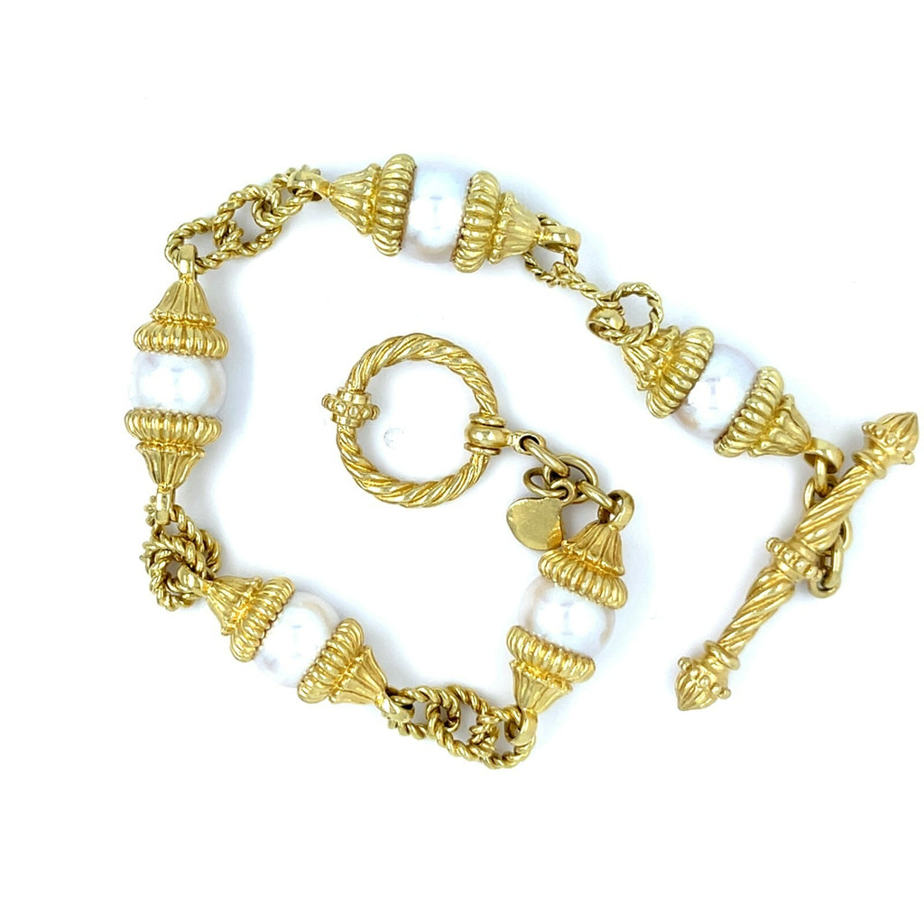 Cynthia Bach 18K Gold and Cultured Akoya Pearl Bracelet 8.75" Length 32.6g