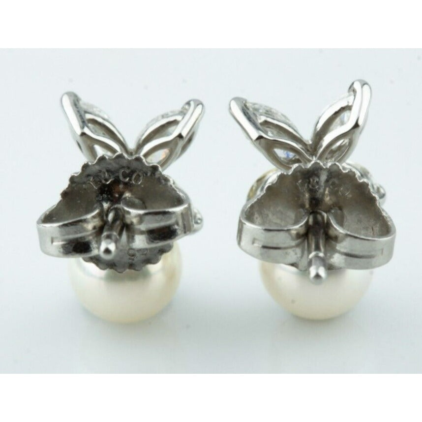 Tiffany & Co. Platinum Victoria Marquise Diamond and Pearl Stud Earrings w/ Box