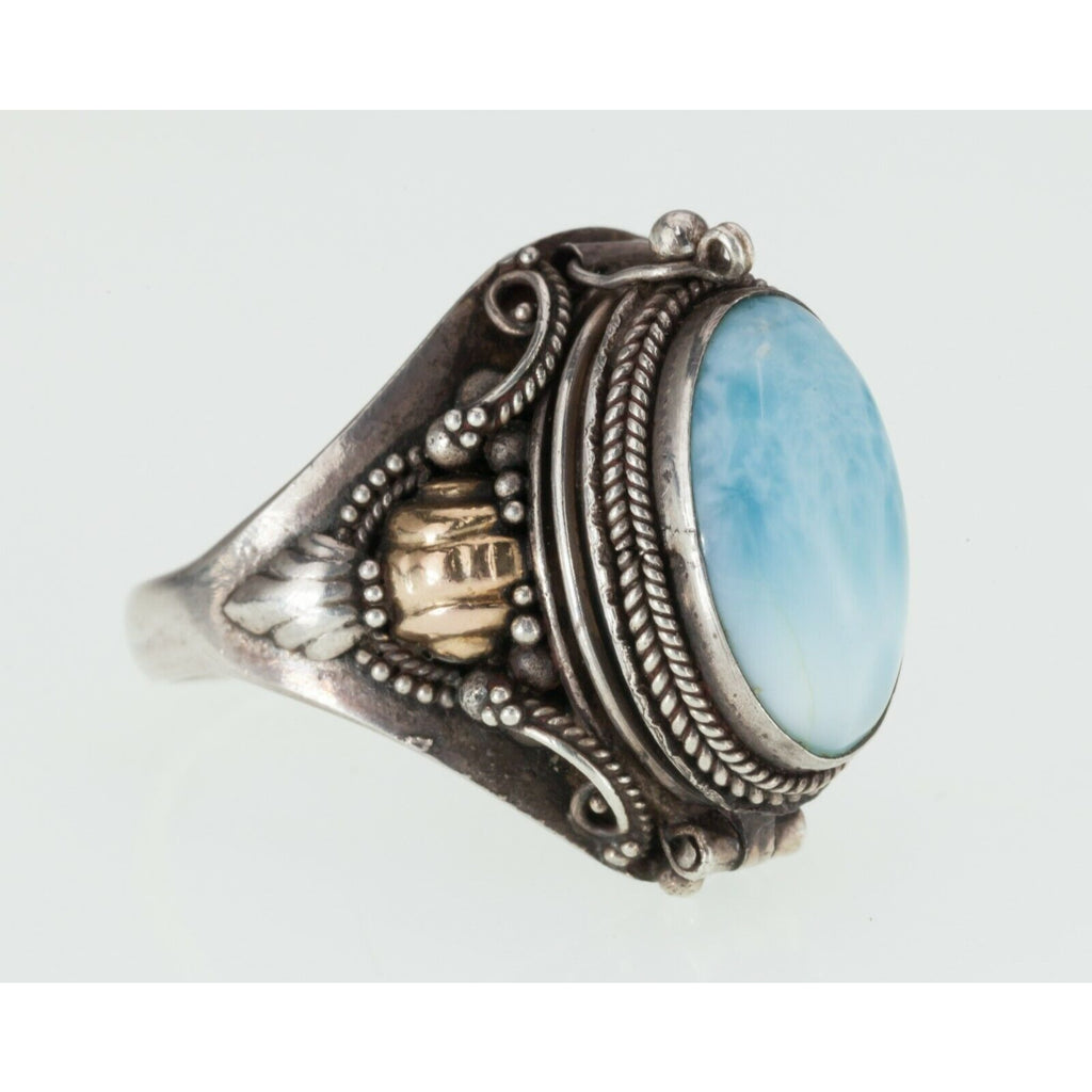 Gorgeous Two-tone Sterling Silver Larimar Cabochon Pill Ring Size 8.25