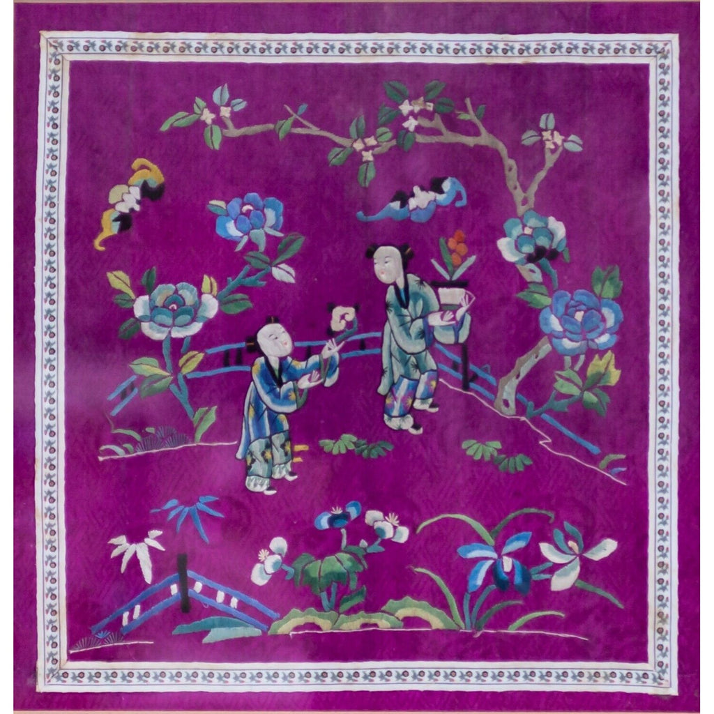 Chinese Qing Dynasty Purple Silk Embroidered with Figures and Birds Framed