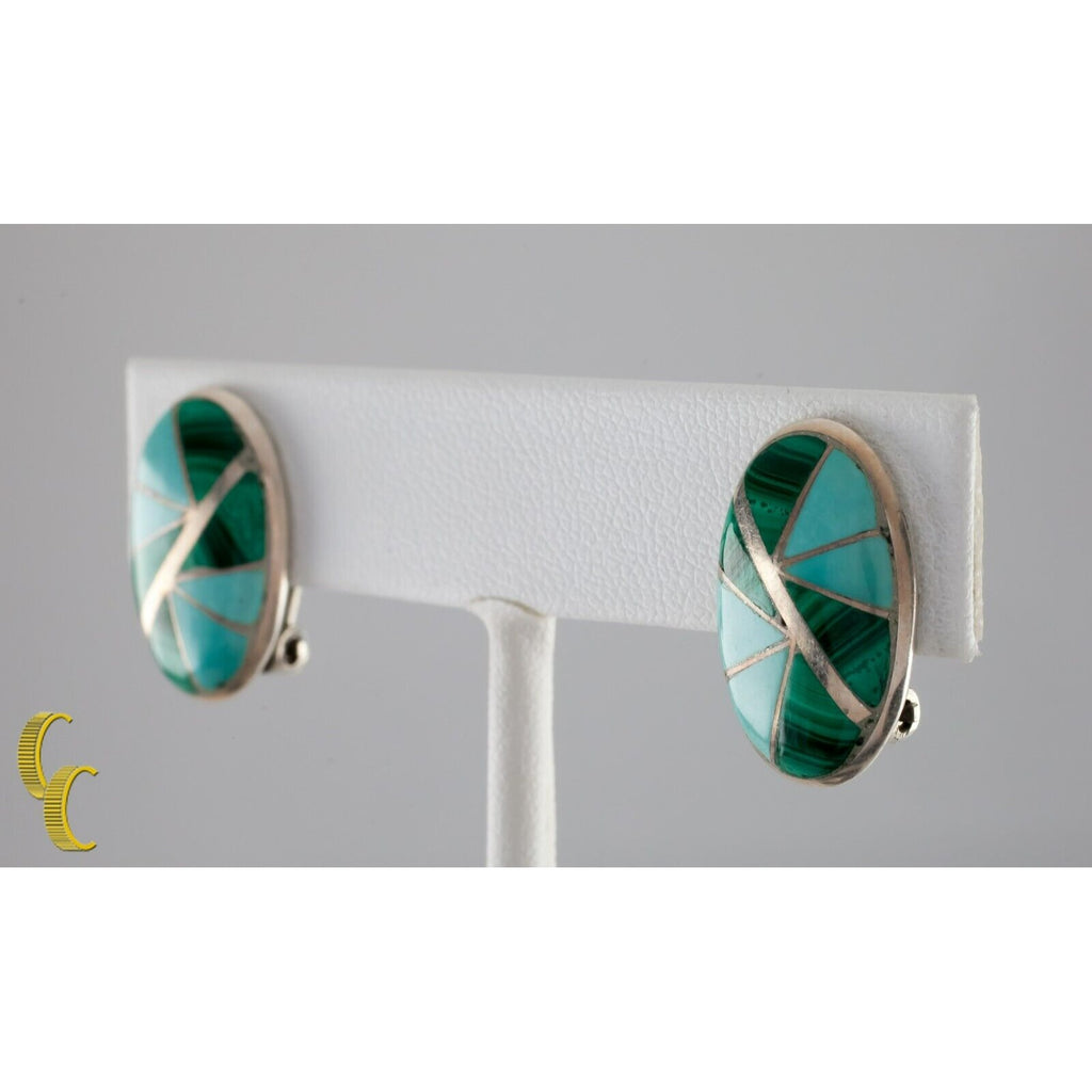 Gorgeous Sterling Silver Turquoise Inlay Clip-on Earrings Unique!