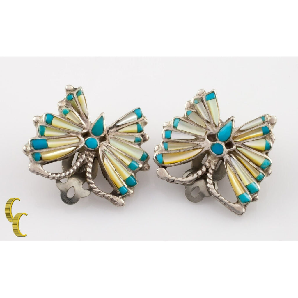 Sterling Silver Butterfly Turquoise and Mother-of-Pearl Inlay Clip-On Earrings