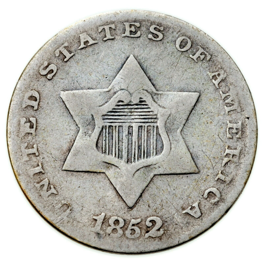 1852 3 Cent Silver Piece in Good Condition, Full Rims, Gray Color