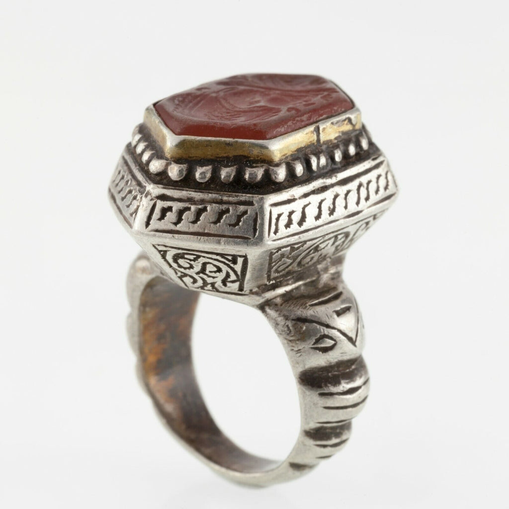 Hand-Chased Afghan Silver and Brass Vintage Carnelian Intaglio Ring Afghan Sz 7