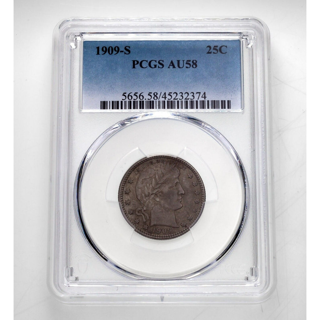 1909-S 25C Barber Quarter Graded By PCGS As AU58 Gorgeous Coin!