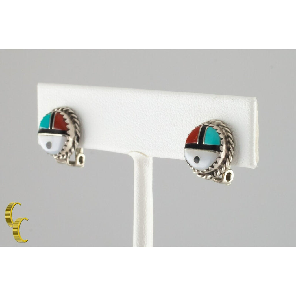 Sterling Silver Lapidary Inlay Clip-On Earrings Turquoise Coral MOP Onyx