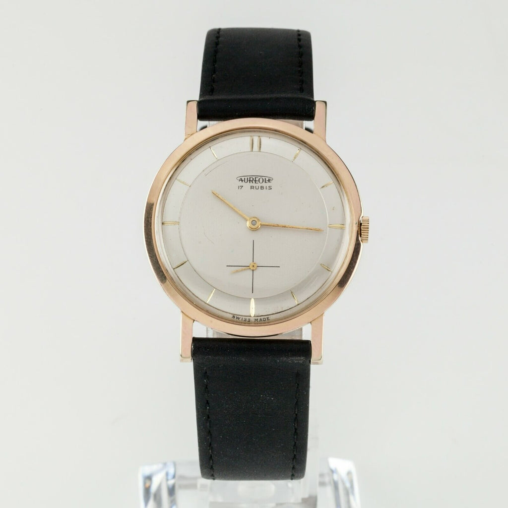 Gold Plated Men's Vintage Aureole Watch 17 Rubis with Leather Strap