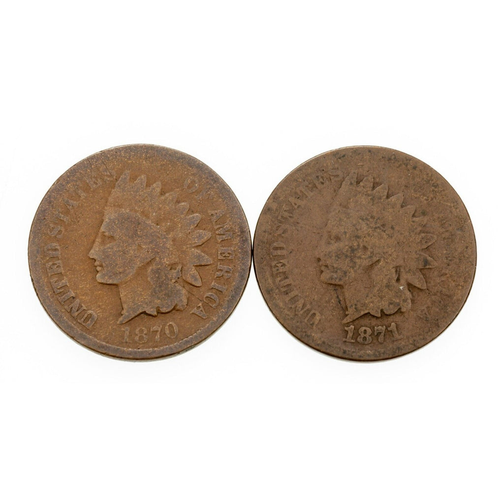 Lot of 2 Indian Cents (1870 + 1871) in About Good+ Condition Brown Color