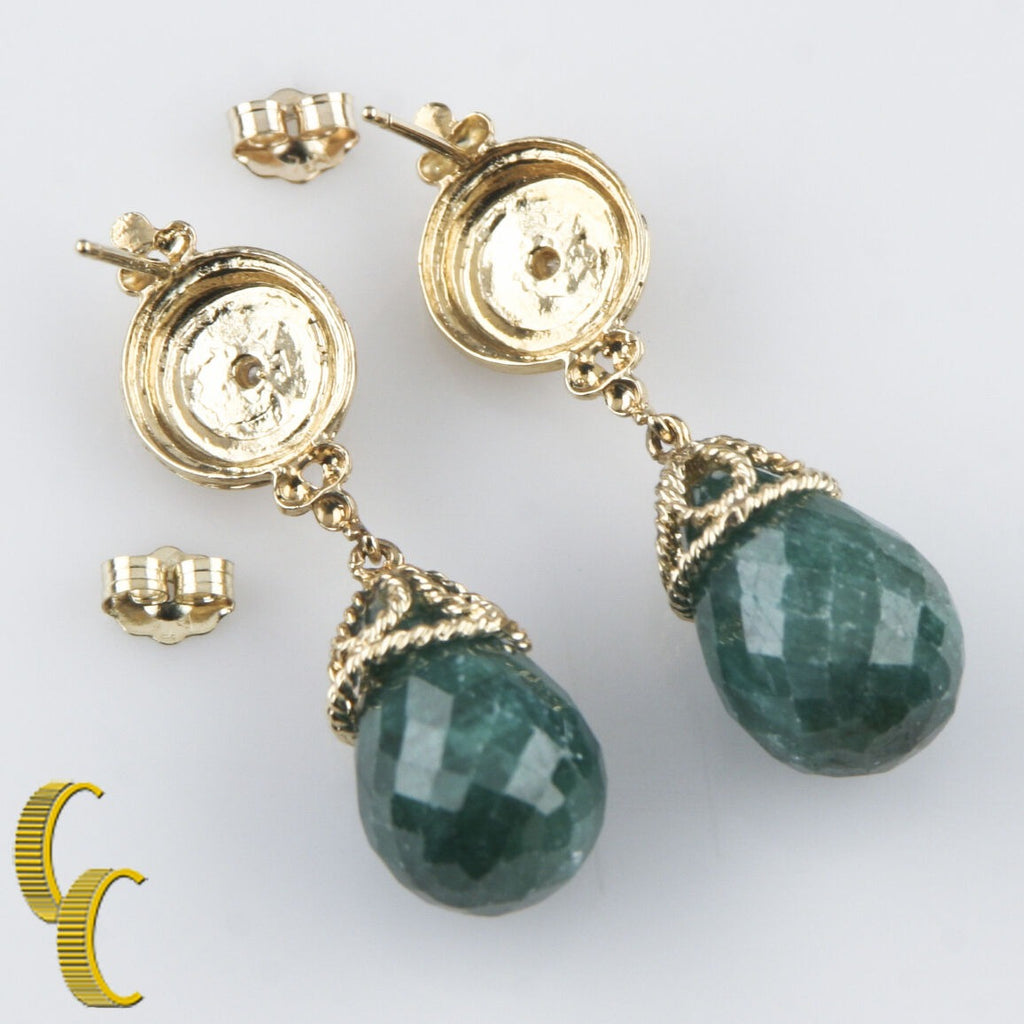 14k Yellow Gold Briolette Emerald & Diamond Earrings TDW = .04 ct TEW = 25.00 ct