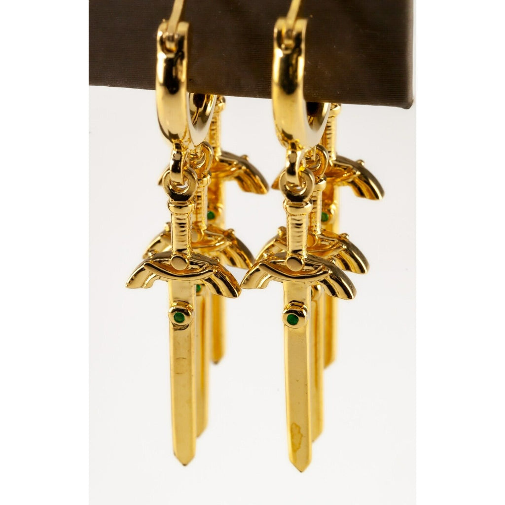 IF & Co 22k Yellow Gold Hoop Dagger Sword Dangle Earrings with Emerald Accents