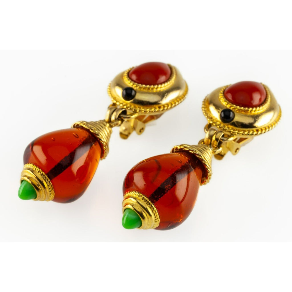 Roxanne Assoulian Amber Drop Costume Ear Clips Earrings 1980s Stunning!