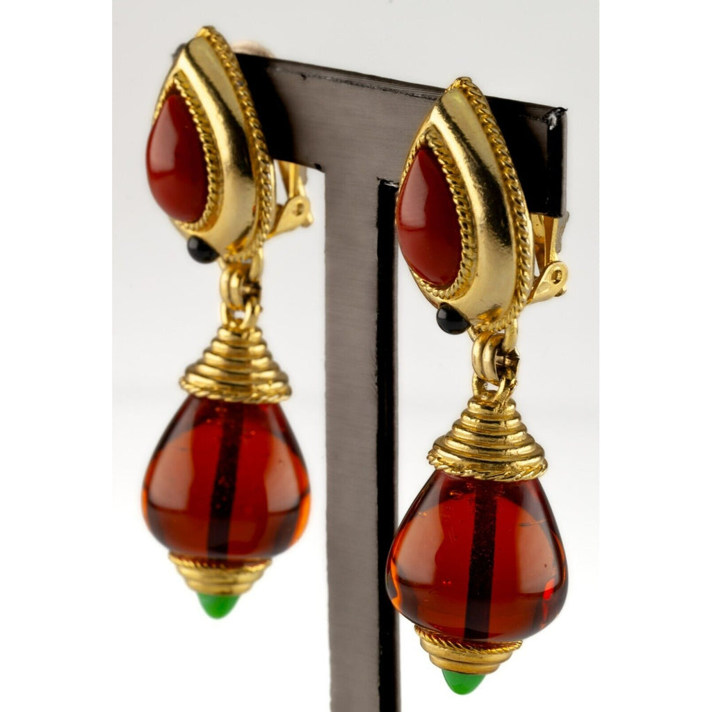 Roxanne Assoulian Amber Drop Costume Ear Clips Earrings 1980s Stunning!