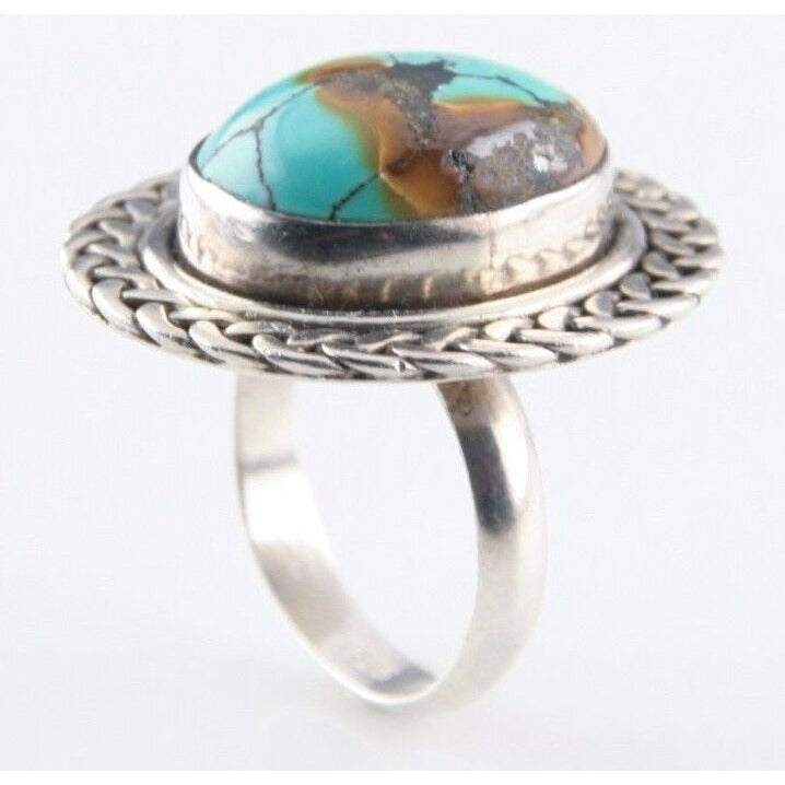Vintage Sterling Silver Green & Amber Turquoise Ring (Size 7) Oval Braided Bezel