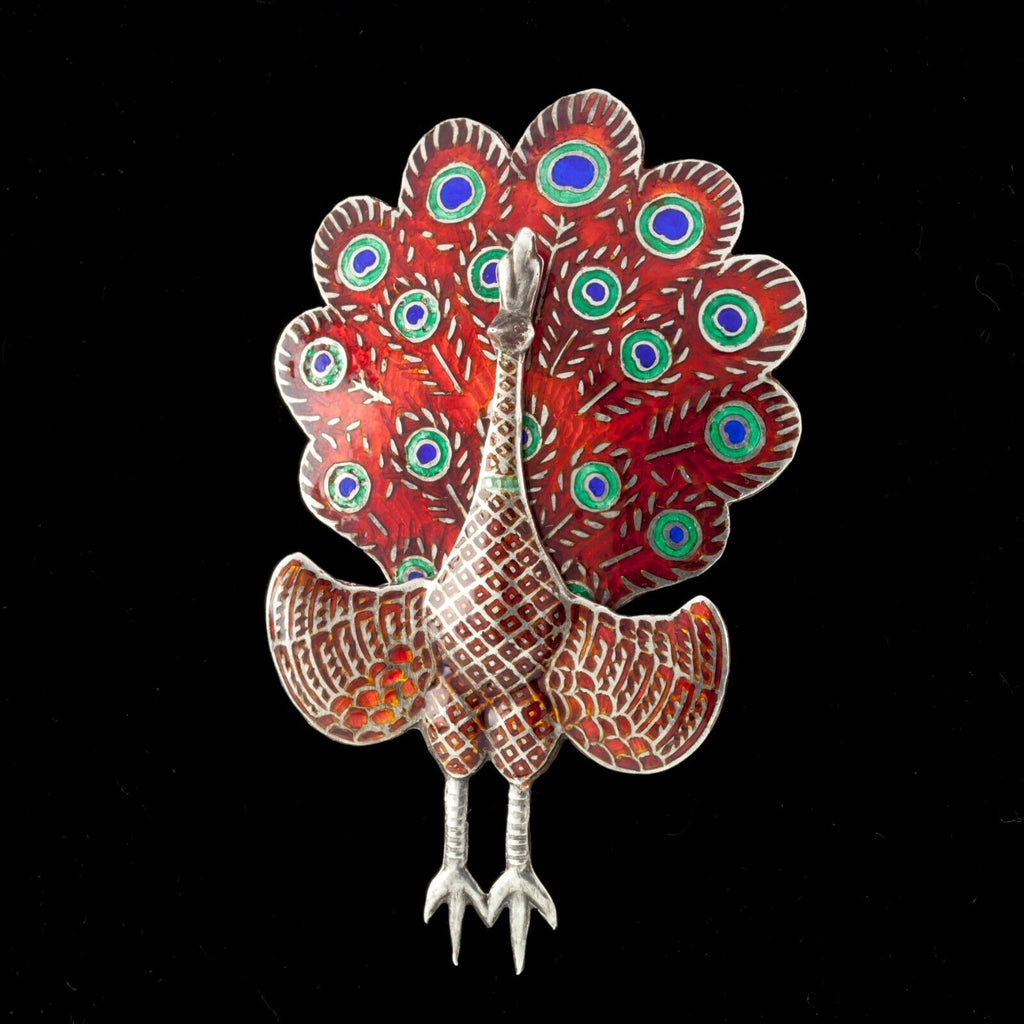 Gorgeous Sterling Silver Siam Colorful Peacock Enamel Brooch