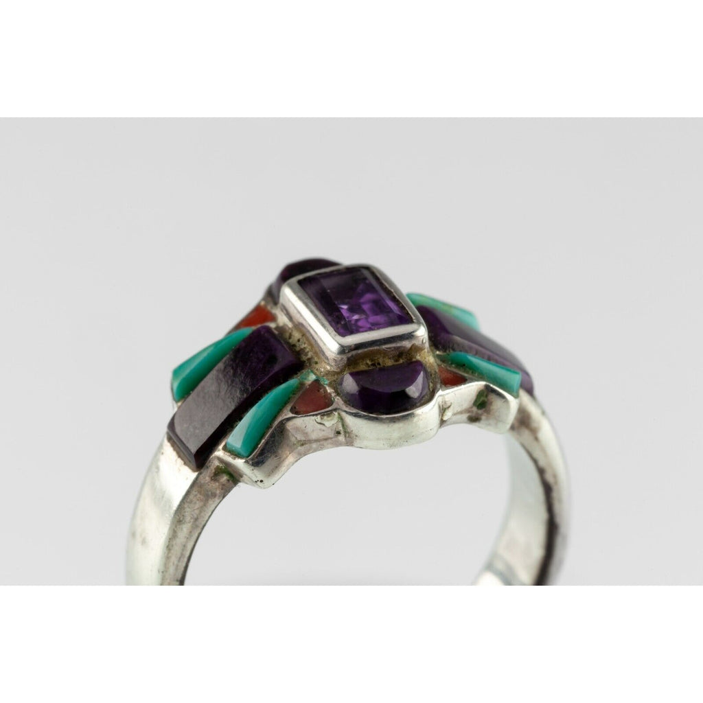 Handmade Turquoise, Purple Spiny, Coral & Amethyst Sterling Ring SZ 6.75