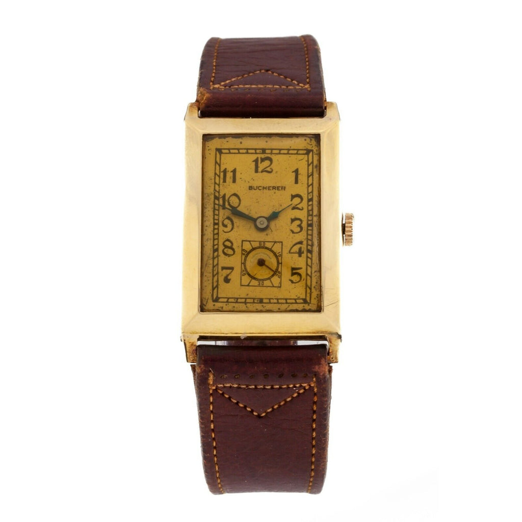 Bucherer 14k Gold Antique Art Deco Rectangular Hand-Winding Wrist Watch Mvmt 500