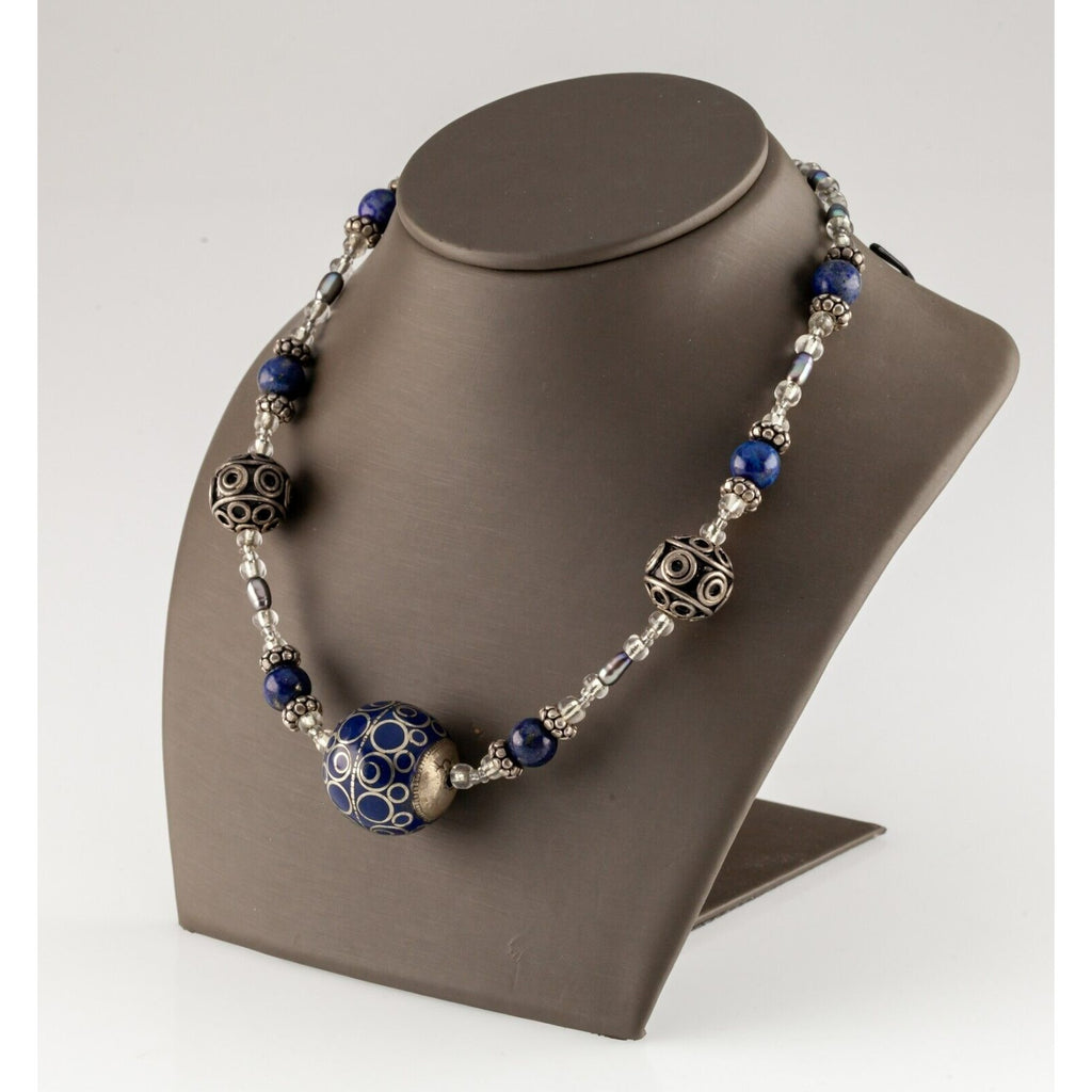 Sterling Silver Strand Lapis Lazuli, Glass Bead, and Accent Bead Necklace 18"
