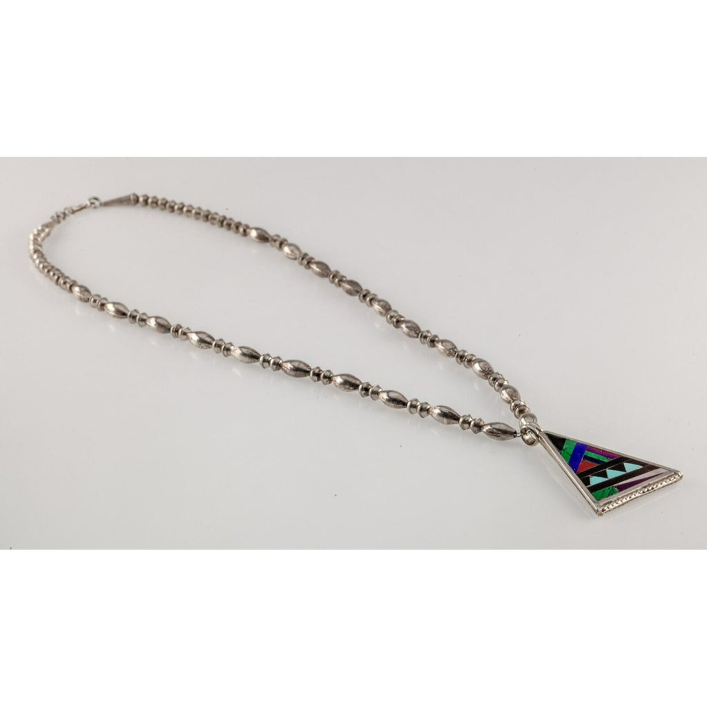 Gorgeous Sterling Silver Lapidary Inlay Pendant with Silver Bead Chain