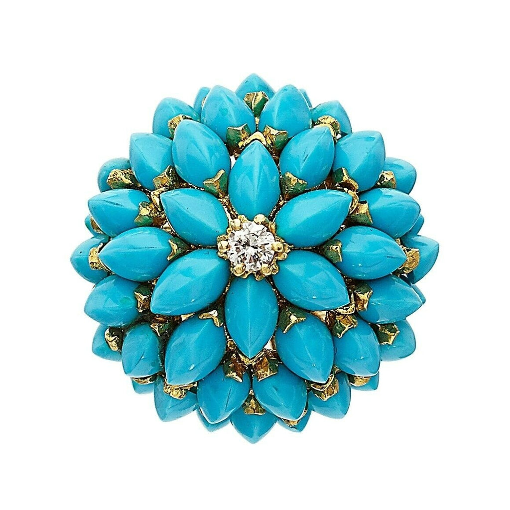 18k Yellow Gold Unique Marquise Turquoise Bombe Ring Size 6.75 Dia Accent