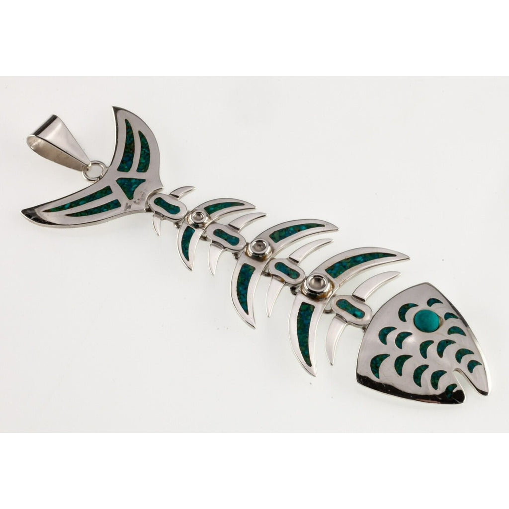 Taxco Mexico Sterling Silver Articulating Fishbone Pendant Turquoise Inlay 5.5"