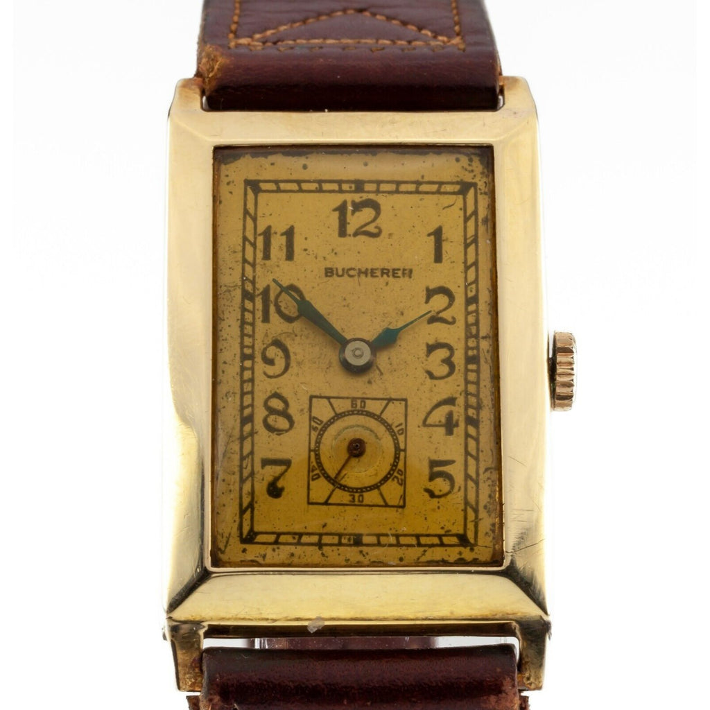 Bucherer 14k Gold Antique Art Deco Rectangular Hand-Winding Wrist Watch Mvmt 500