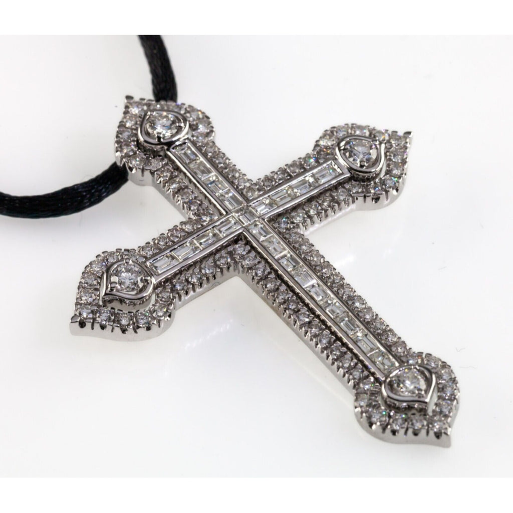 18k White Gold 3 Carat Diamond Cross Pendant on Black Silk Cord