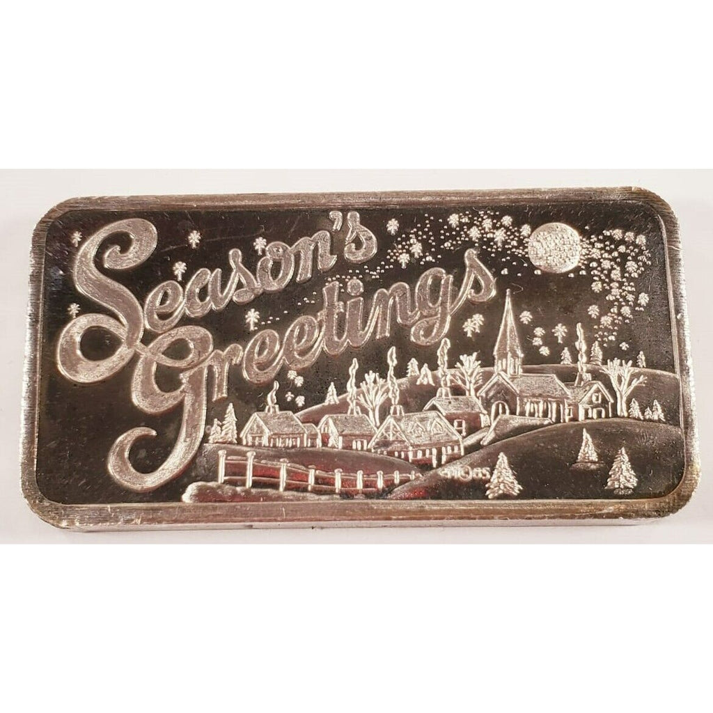 SEASON'S GREETINGS 1985 By Crown Mint 5 oz. Silver Art Bar